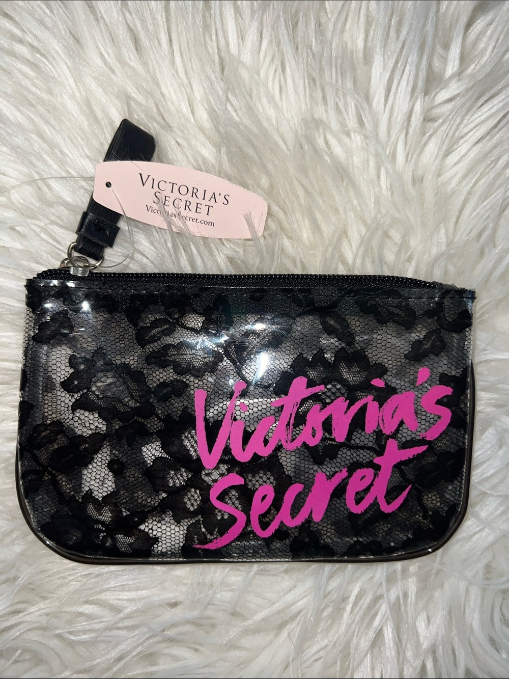 ❤️‍🔥❤️💕Victoria's Secret Black Lace Cosmetic Pouch with Hot Pink Logo